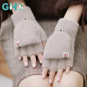 GHX Thu Đông Găng Tay Ấm Áp Flip Cover Ngón Găng Tay Mềm Mại Cô Gái Hoạt Hình Dễ Thương Nửa Ngón Dệt Kim Nhung Học Sinh Găng Tay VN