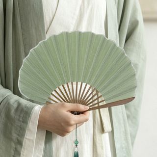 Quạt cầm tay gấp SENRTY, Quạt vỏ Mini bằng vải lanh Cotton màu trơn, Khung tre cổ điển với tua rua Hình vỏ Retro Quạt cầm tay Đạo cụ khiêu vũ