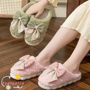 TOPTOOLCX Giày Lông Tơ Ấm Áp, Dép Nơ Cotton Đáy Dày Chống Trơn Trượt, Mềm Mại Im Lặng Phong Cách Ngọt Ngào Mùa Đông Trong Nhà Giày Nữ