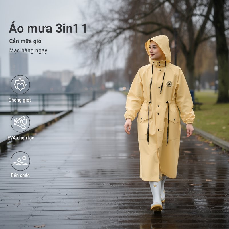 Áo Mưa Dài đi Xe Máy Chống Mưa Lớn Chất Liệu Eva Dây Rút Eo Cổ Tay Chun Mũ Trong Suốt