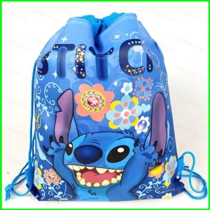 YB2 Stitch Trang trí chủ đề Túi dây rút không dệt màu xanh và hồng Túi ba lô dây rút co giãn