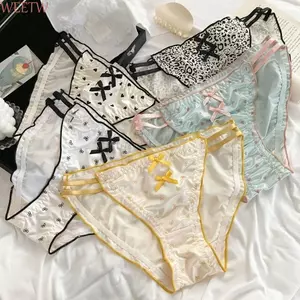 Quần Lót Lụa Satin WEETW, Quần Lót Ruffle In Da Báo Cho Nữ, Thoáng Khí Eo Thấp Rỗng Trái Tim Tình Yêu Ngọt Ngào Nơ Quần Đùi Thoải Mái