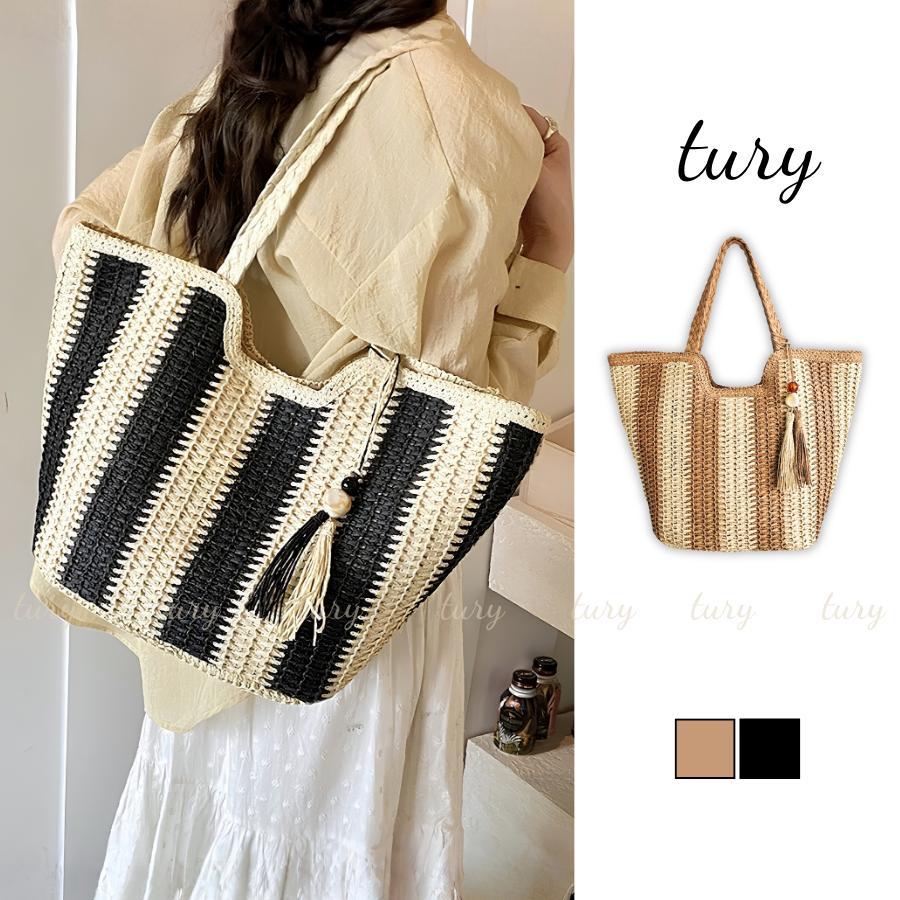Túi Cói Nữ - Tury - Túi Cói Form Mềm Phối Họa Tiết Sọc Và Tua Rua Basic - TC079