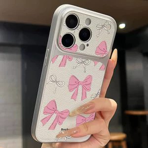 Ốp lưng iPhone Họa tiết da phong cách mạ nơ hồng iPhone 17 16 15 14 13 12 11 Pro Max Plus Max