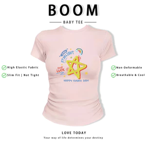 BOOM Áo Baby Tee Nữ Cotton Ôm Body-Áo Thun Ngắn Tay Y2K In Hình PhongCách Mùa Hè, Cổ Tròn Hàng Đầucách hàn quốc phong369