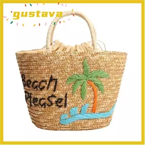 Túi Tote dệt rơm thêu GUSTAVA, Túi xách dung tích lớn đa năng, Túi đeo vai thông thường thời trang Seaside Resort
