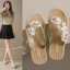 Vải Hoa Flip-Flops Nữ Mùa Hè Mặc Ngoài Thời Trang Chống Trơn Trượt Flat Flip-Flops Giày Đi Biển Nữ LQJQ