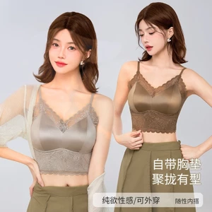 Pháp Ren Camisole Nữ Không Dây Cổ Chữ V Một Mảnh Cố Định Miếng Lót Ngực Quần Lót