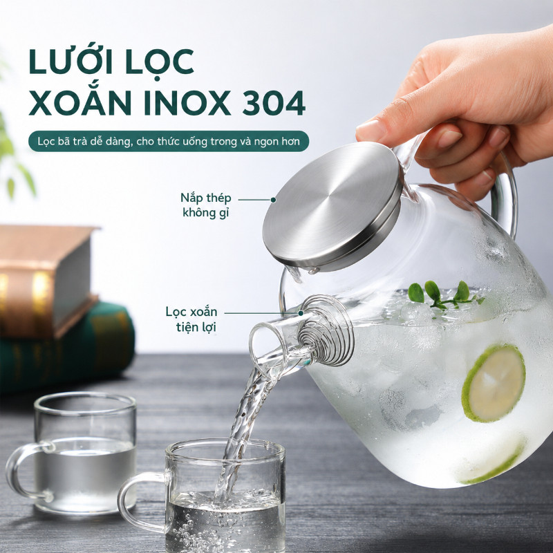 Bình nước thủy tinh borosilicate, bình đựng nước nắp inox 304, bình lọc nước pha trà 1L/1.8L