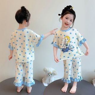 Bộ đồ ngủ bé gái mùa hè 2 món – set đồ mặc nhà lụa lạnh chấm bi viền bèo dễ thương