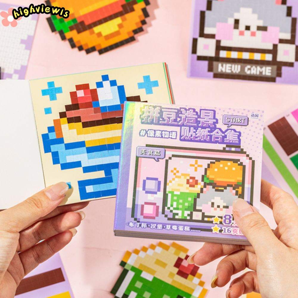 HIGHVIEWLS Dán Đậu, Phim Hoạt Hình DIY Perler Hạt Phong Cảnh Miếng Dán Sách, Phong Cách Pixel Tự Dính Mini Tô Màu Miếng Dán Sách Album Ảnh
