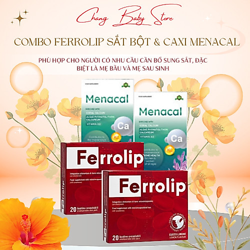 Sắt Sinh Học Ferrolip - Canxi EU tảo biển Menacal combo 4 hộp (2 hộp sắt - 2 hộp canxi) - tặng 1 hộp của tích điểm 4 hộp