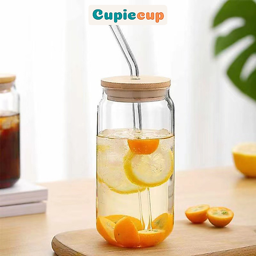 Cốc Thủy Tinh Kèm Nắp Gỗ, Bình Thủy Tinh Hình Trụ Trơn Decor, Uống Cafe BTT102