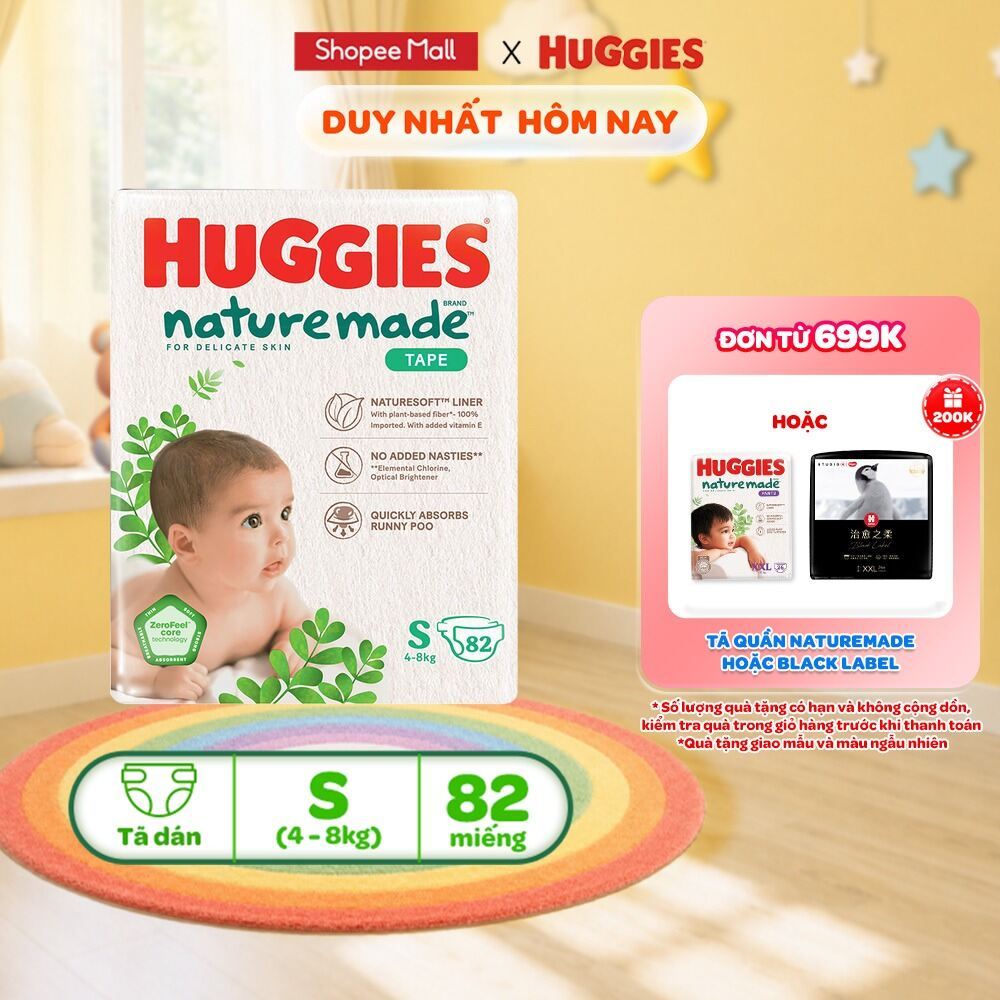 Tã/Bỉm dán sơ sinh Huggies NatureMade NB60 (dưới 5kg)/S82(4-8kg) /M64(6-11kg)/L54/XL44
