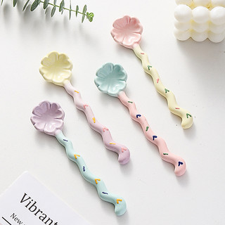 Thìa tay cầm dài bằng gốm dễ thương - Thìa tráng miệng cỏ ba lá màu tím, Máy khuấy cà phê, Muỗng kem DINY