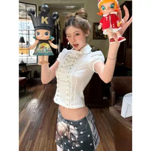 Áo sơ mi ngắn tay màu trắng thiết kế Sense dành cho nữ mùa hè Slim-Fit Slimmer Look Áo sơ mi ngắn Puff tay bay nhỏ hẹp @ -