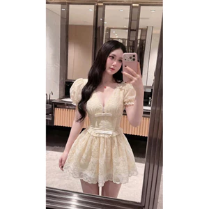 váy thô boi 2 nơ Cổ V Xoè Bồng Tiểu Thư Đi Tiệc AL BYJOLIE