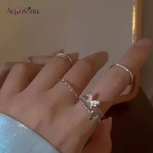 AqToCna 1 Bộ Tinh Tế Cổ Tích Bướm Xoắn Kim Cương Giả Mở Nhẫn Có Thể Điều Chỉnh Cho Nữ Thời Trang Đơn Giản Nhẫn Ngón Tay Phụ Kiện Trang Sức AqToCna