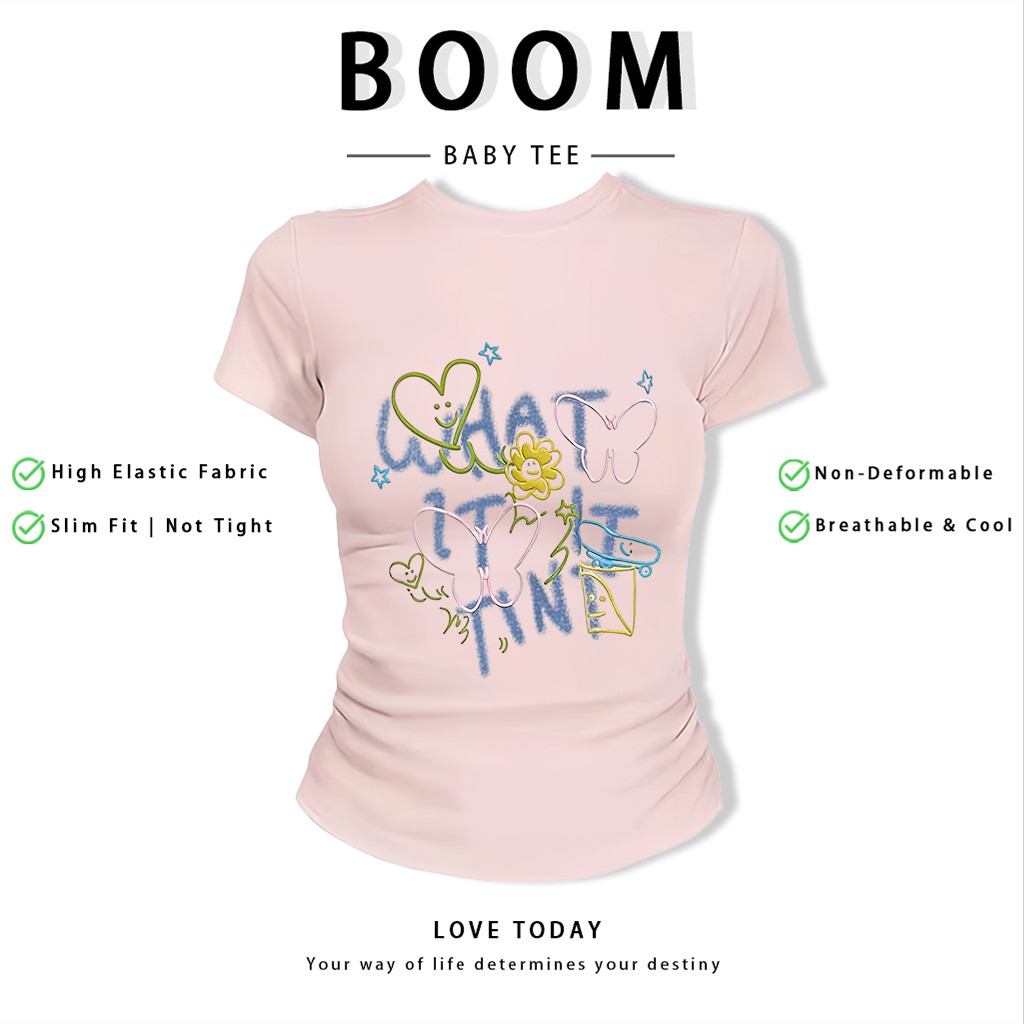 BOOM Áo Baby Tee Nữ Cotton Ôm Body-Áo Thun Ngắn Tay Y2K In Hình PhongCách Mùa Hè, Cổ Tròn Hàng Đầucách hàn quốc phong