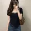 Phong cách Hàn Quốc nhẹ nhàng Phong cách trưởng thành Thời trang tua rua không đều Cổ vuông Áo thun ngắn tay nữ mùa hè Phong cách mới Áo dáng rộng