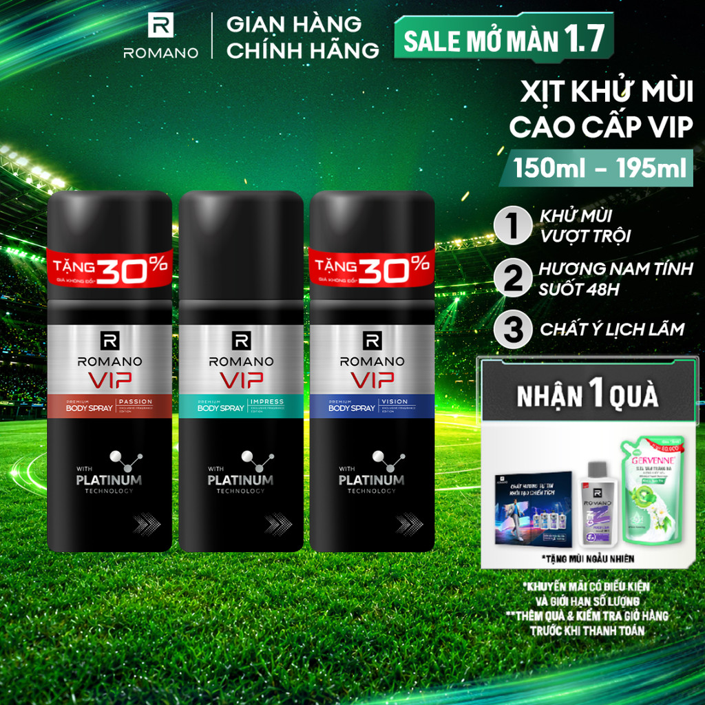 Xịt khử mùi cho nam cao cấp Romano VIP Passion / Vision / Impress 150ml - 195ml (Tặng mùi ngẫu nhiên)