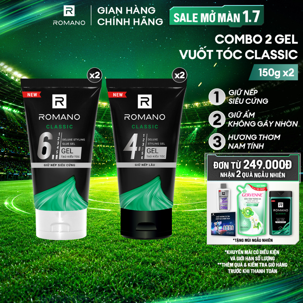 Combo 2 Gel vuốt tóc nam Romano Classic giữ nếp lâu và giữ nếp siêu cứng 150g/chai