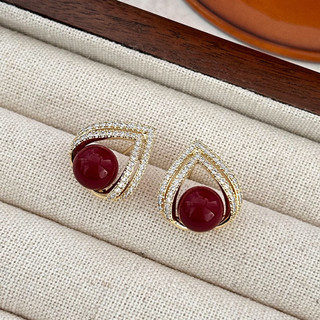 Bông tai ngọc trai và đá Burgundy hình học, style cổ điển cao cấp