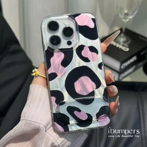 Ibumpers Thời Trang Màu Hồng Đen Da Báo Có Chân Đế Cho iPhone 16 15 14 13 12 11 ProMax X XS XR XsMax Vỏ TPU Mềm Chống Sốc