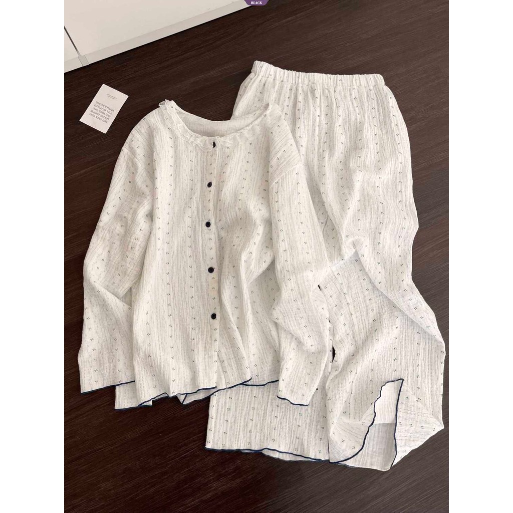 Bộ đồ ngủ hoa ren sọc nữ, quần dài tay, style Nhật Bản phù hợp xuân thu