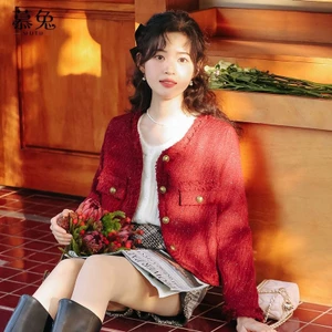 Mutu Retro Đỏ Cổ Tròn Áo Khoác Ngắn Nữ Mùa Xuân 2026 Phong Cách Mới Pháp Retro Tweed Top