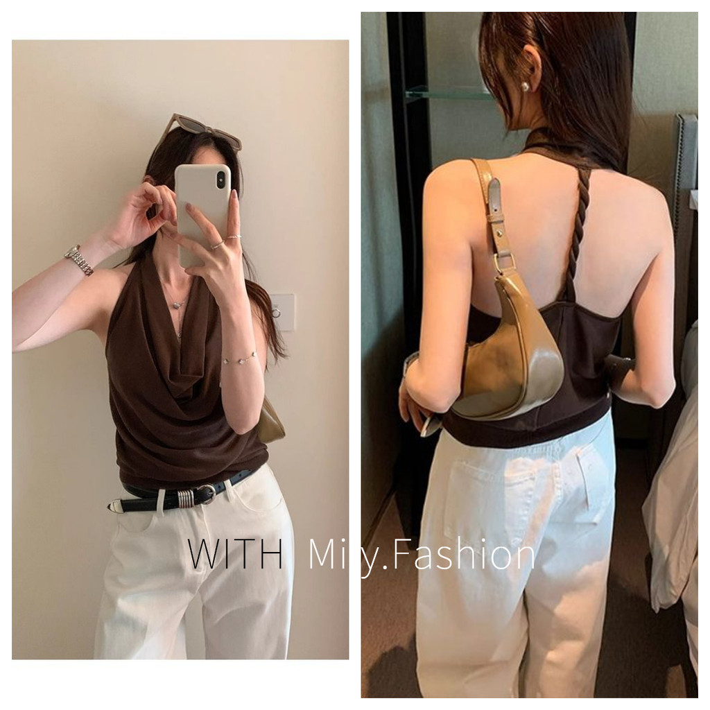 Milyfashion Áo sơ mi form rộng màu cà phê retro thắt nút cổ dây ngắn, phù hợp thời trang mùa hè