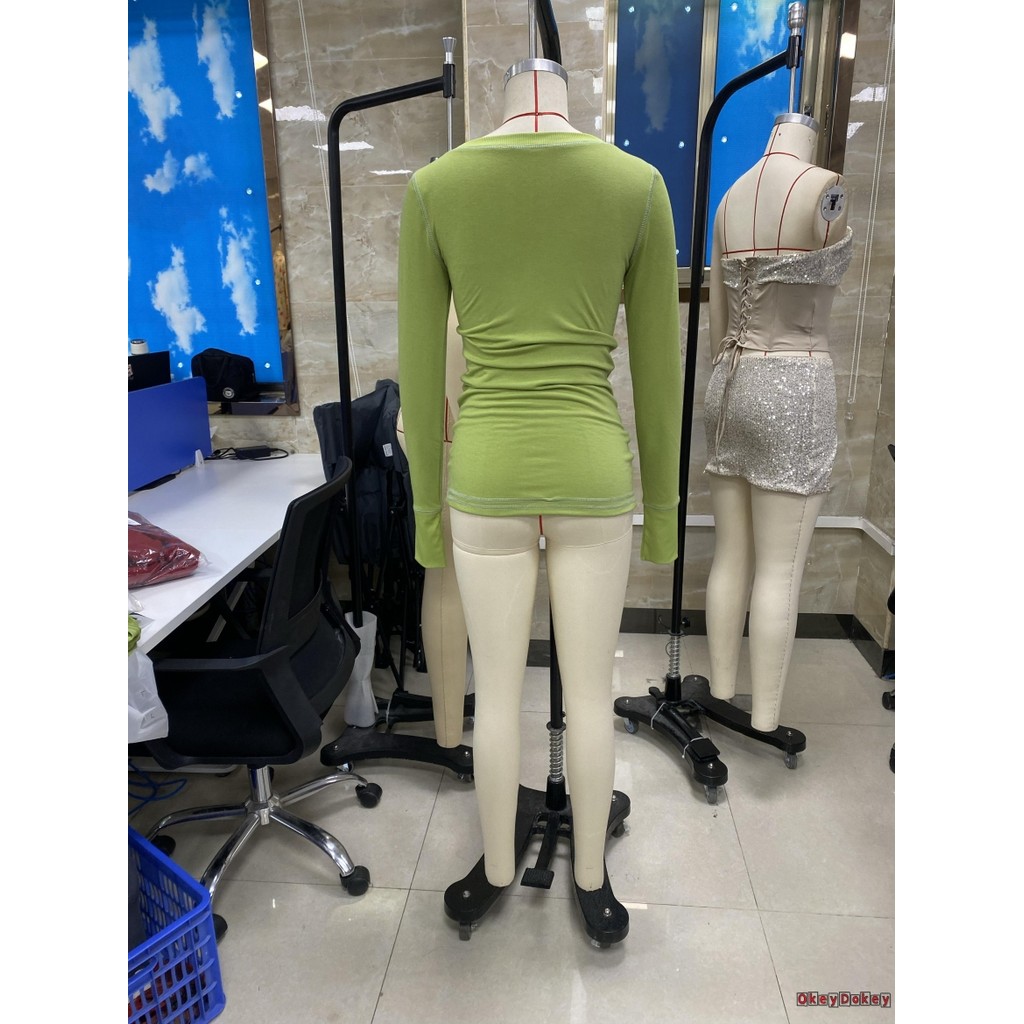Áo thun dài nữ cổ chữ V tay dài phong cách Y2K, màu trơn dành cho mùa thu