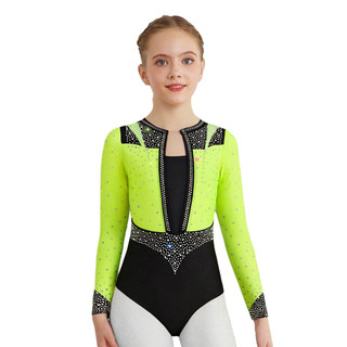 Yhong Trẻ Em Bé Gái Sáng Bóng Kim Cương Giả Thể Dục Leotard Tay Dài Lỗ Khóa Lưng Hình Trượt Băng Body Dancewear Trình Diễn Sân Khấu Trang Phục