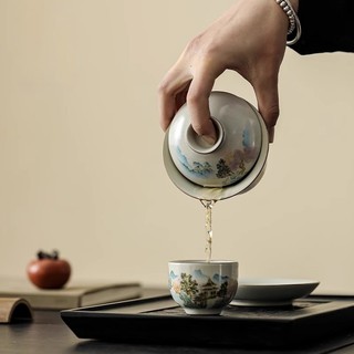 Ấm, Chén Sứ Pha Trà Bằng Sứ Men Lam Rạn Vẽ Họa Tiết Sơn Hà Cẩm Tú