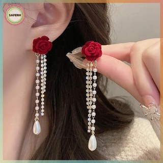 SAFENH Bông tai tua rua ngọc trai hoa hồng đỏ - Thiết kế thanh lịch, phù hợp làm quà tặng