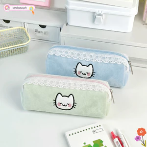 BEABOUT Bút Chì, Túi Đựng Bút Thêu Mèo Sang Trọng, Di Động Có Ren Viền Dung Tích Lớn Túi Đựng Bút Chì Đồ Dùng Học Tập
