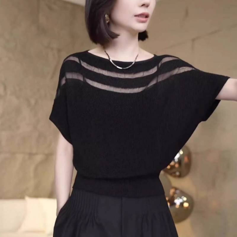 CANAMEK Hàn Quốc Rỗng Chắp Vá Tròn Ne Tay Ngắn Rời Dệt Kim Áo Thun Nữ CSF