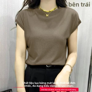 Áo thun ngắn tay cổ tròn mùa hè bằng lụa lạnh co giãn cao cho phụ nữ, màu sắc đồng nhất, đơn giản, thoải mái, đa năng, k