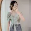 Áo sơ mi kẻ sọc ngắn tay kiểu Pháp mùa hè Phong cách mới Thiết kế thích hợp Sense Áo ngắn tay phồng một vai
