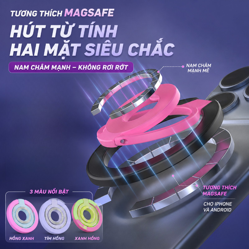 Giá Đỡ Nhẫn Điện Thoại Từ Tính Kép,Khối Màu Dopamine,Chân Đế Gập Chắc Chắn,Dùng cho iPhone và Android