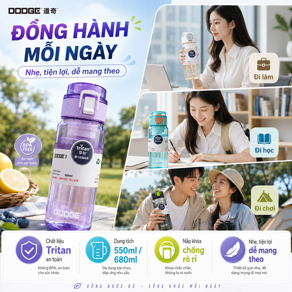 【🔥】Bình nước Tritan 550/680ml (Không BPA): Nắp 1 chạm chống rò rỉ, quai xách! Hợp đi học/làm việc
