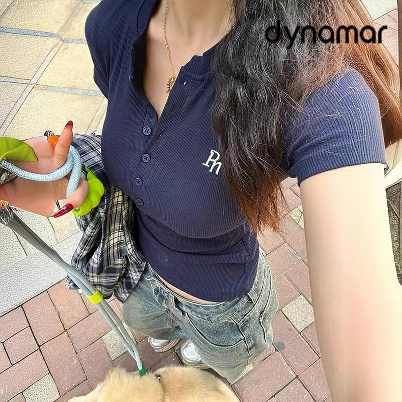 【dynamar】Áo thun ngắn tay kiểu retro áo thun thường ngày đa năng. áo thun nữ ôm dáng thêu họa tiết