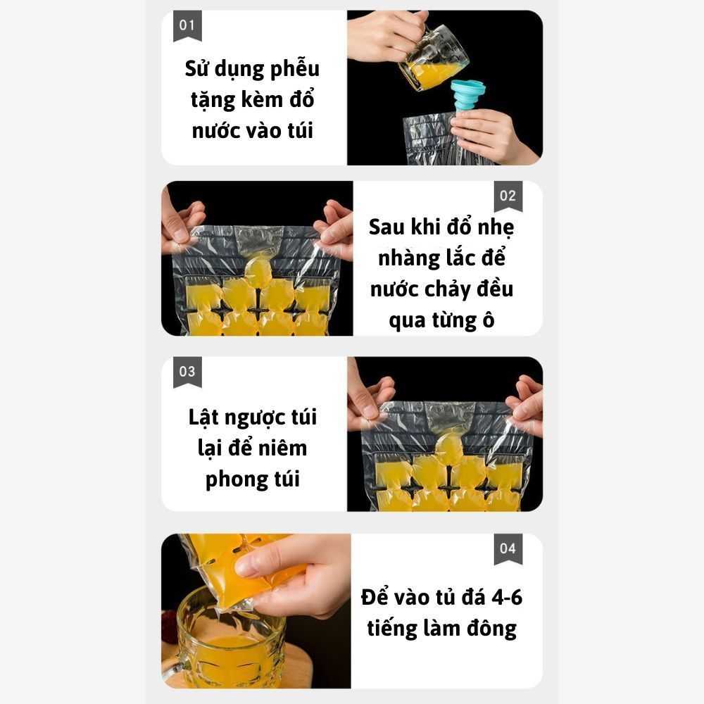 Set 50 Túi Làm Đá Viên 24 Ô Dùng 1 Lần HOMIE, Túi Làm Kem, Sữa Chua, Nước Trái Cây Kèm Phễu An Toàn