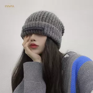 PNPIA- Mũ dệt kim đầu lớn rộng Unisex Mohair Mũ len Patch Mặt hoang dã Mũ lạnh ấm áp nhỏ Mái vòm Mũ đàn hồi cao Quần áo Collocation