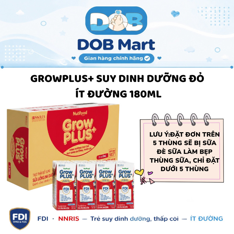 Thùng 48 hộp sữa pha sẵn Grow Plus ĐỎ ÍT ĐƯỜNG  hỗ trợ tăng cân tăng chiều cao DOB dung tích 180ml
