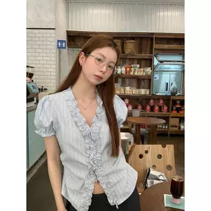 Áo sơ mi cổ chữ V sọc hai lớp độc đáo dành cho nữ Mùa hè Thiết kế kiểu Pháp Sense Slimer Look Top