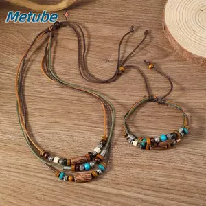Bộ vòng cổ METUBE Boho, Hạt nhiều lớp Dây buộc có thể điều chỉnh Bộ trang sức hạt gỗ, Dây nhẹ thủ công bền bỉ Trang sức hạt gỗ cổ điển Mặc hàng ngày