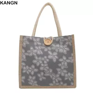 Túi Ăn Trưa KANGN, Vải Lanh Có Nút Túi Xách Vải Hoa, Túi Tote Nhỏ Có Thể Tái Sử Dụng Dung Tích Lớn Di Động Sinh Viên Đại Học