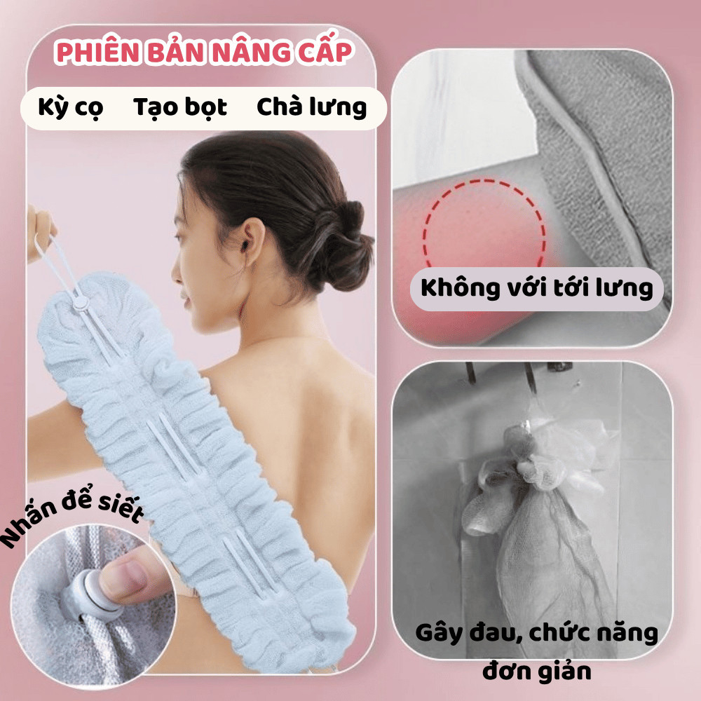 Bông Tắm Lưới Tạo Bọt 2in1 Kéo Dãn 49CM Chà Lưng HOMIE, Bông Tắm Dài Sợi Nylon Không Xù, Mềm Mịn