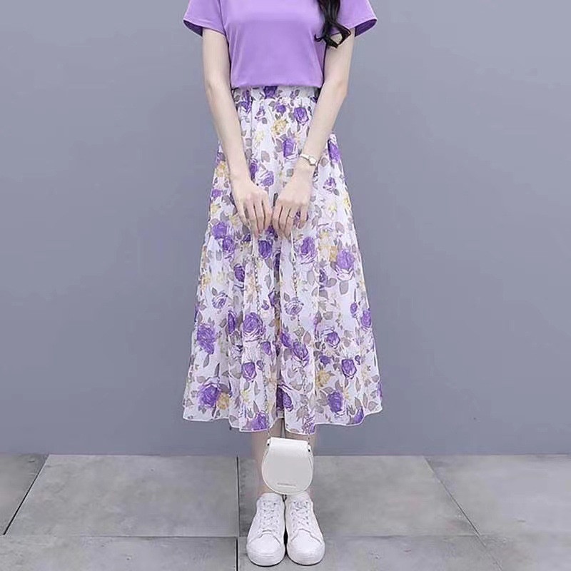 Set Áo Thun Tím Phối Chân Váy Hoa Nhí - Bộ Áo Phông Chân Váy Voan kiểu Hàn Quốc, thanh lịch, tôn dáng